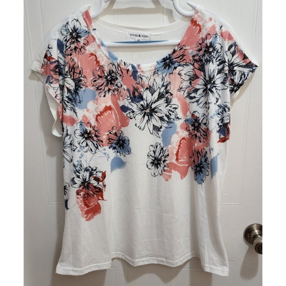 NEW Stem & Vine Womens Short Sleeve Round Neck Tee Shirt Top Floral Plus Size 1X